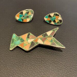 Signed EILAT, Inlaid Stone Brooch and Earrings from Eilat Isreal